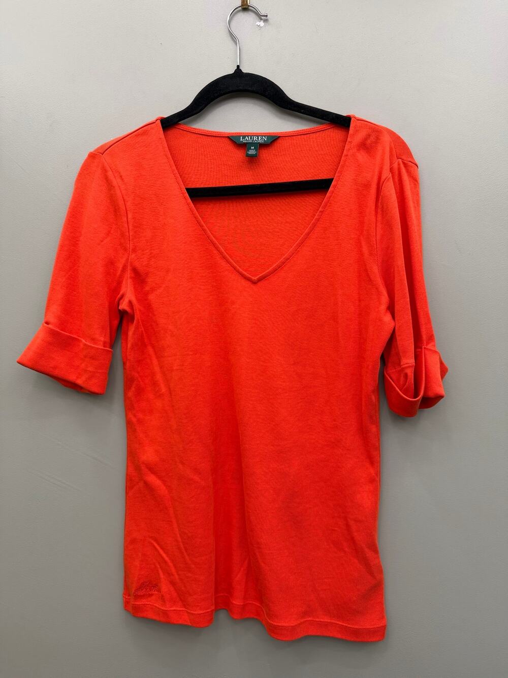 Lauren Ralph Lauren Red Orange V Neck Top Medium Cotton Cuff Sleeve
